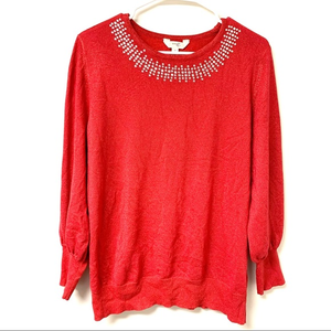 Terra & Sky Red Crewneck Sweater with Rhinestone Accent & Sparkle Thread Size 0X